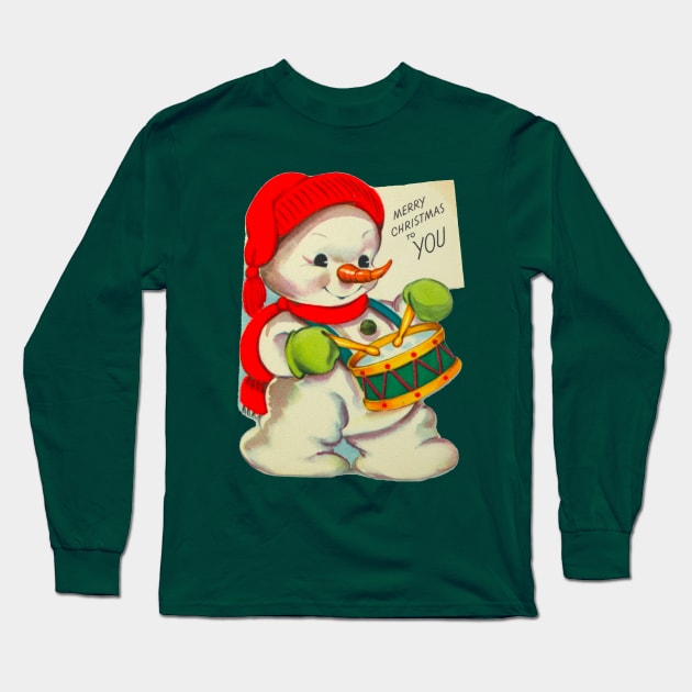 Vintage Drummer Snowman Merry Christmas Long Sleeve T-Shirt by Pop Fan Shop